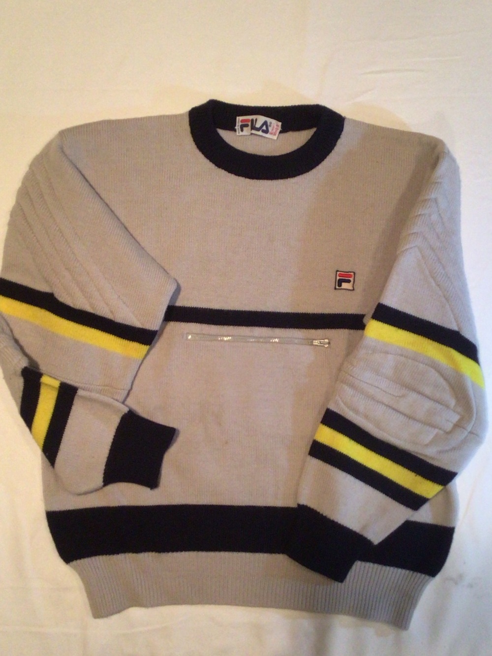 Fila Men’s Light Gray Crewneck Sweater with Yellow & Black Stripes